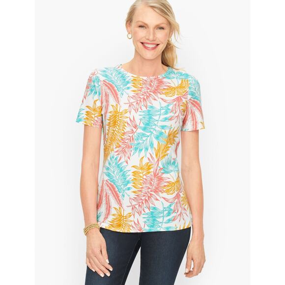 Talbots Petite Tropical Fronds Classic Crew Neck Short Sleeve Tee Women's S Top - Picture 2 of 8